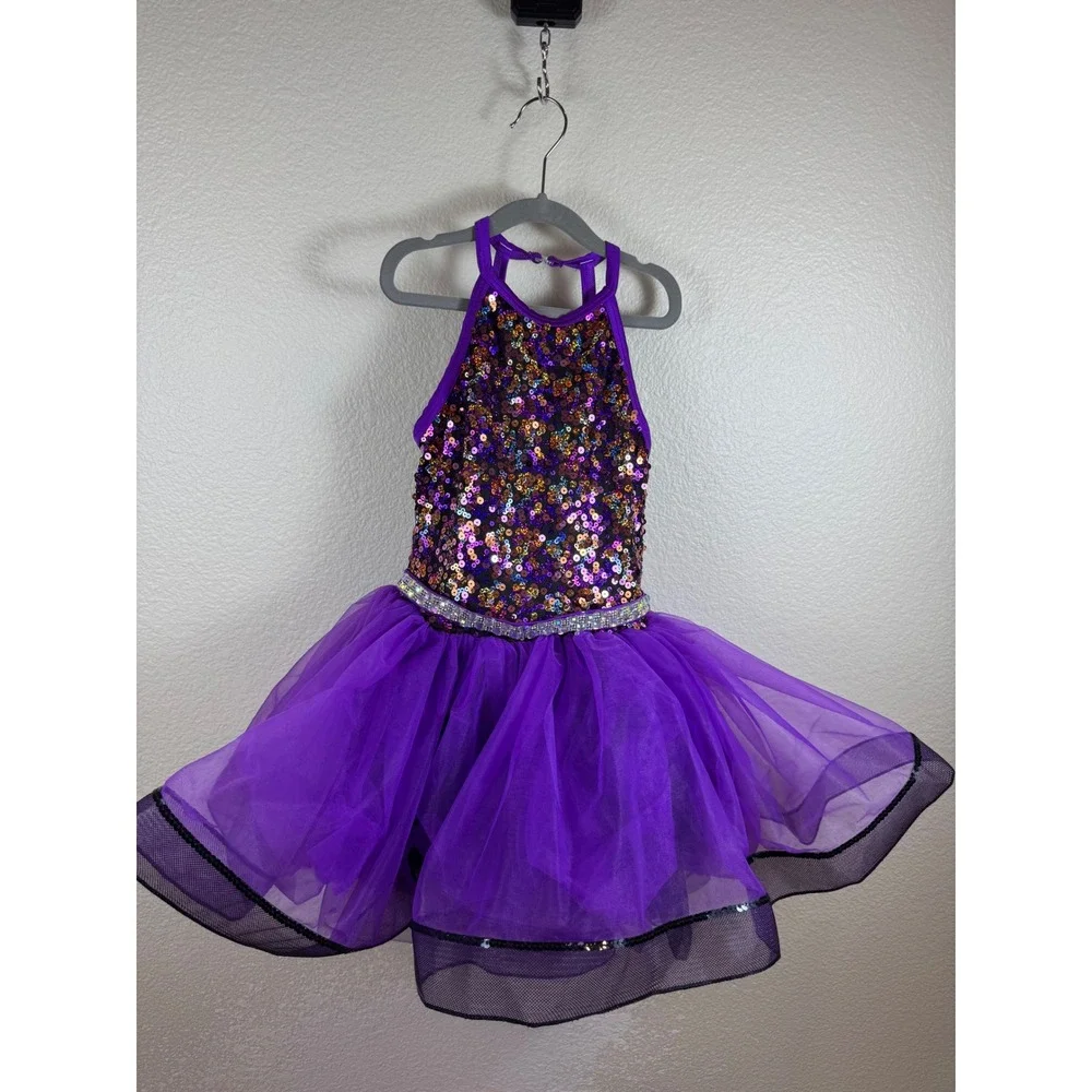 Weissman Dance Costume Tutu Dress Kids MC 10‎ Purple Sequin Halter Tulle Sparkle